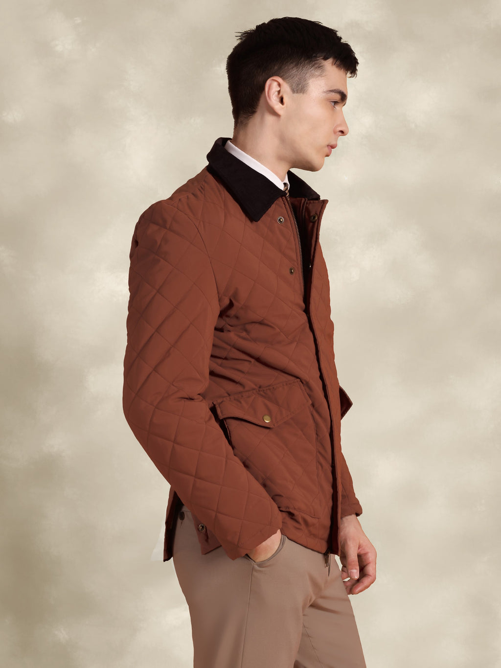 Tagore Jacket- Men's Safari Rust Slim Fit Quilted Jacket with Courduroy Collar
