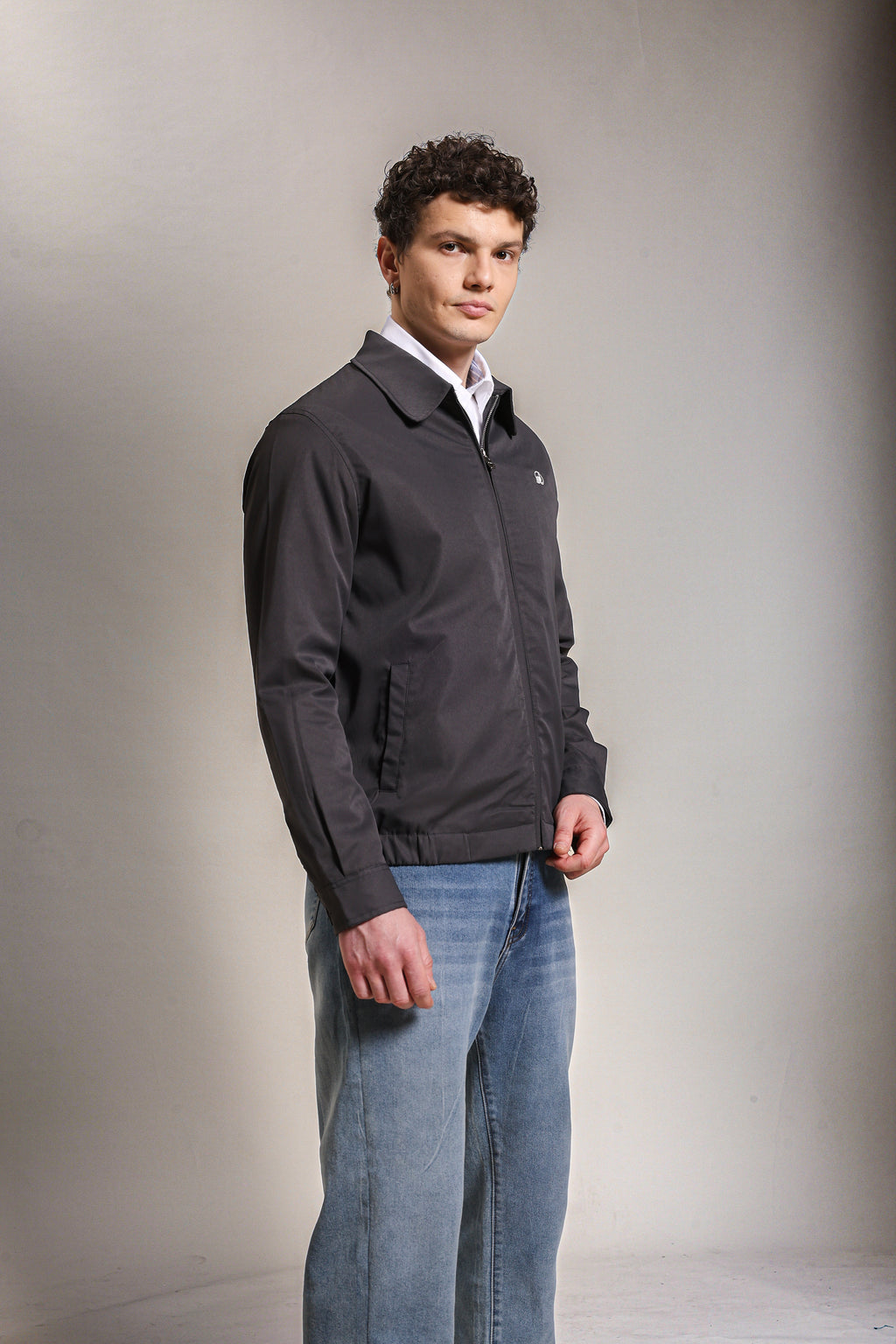 Men's Embroidered Night Grey Cotton Twill Jacket with Spread Collar