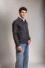 Men's Embroidered Night Grey Cotton Twill Jacket with Spread Collar