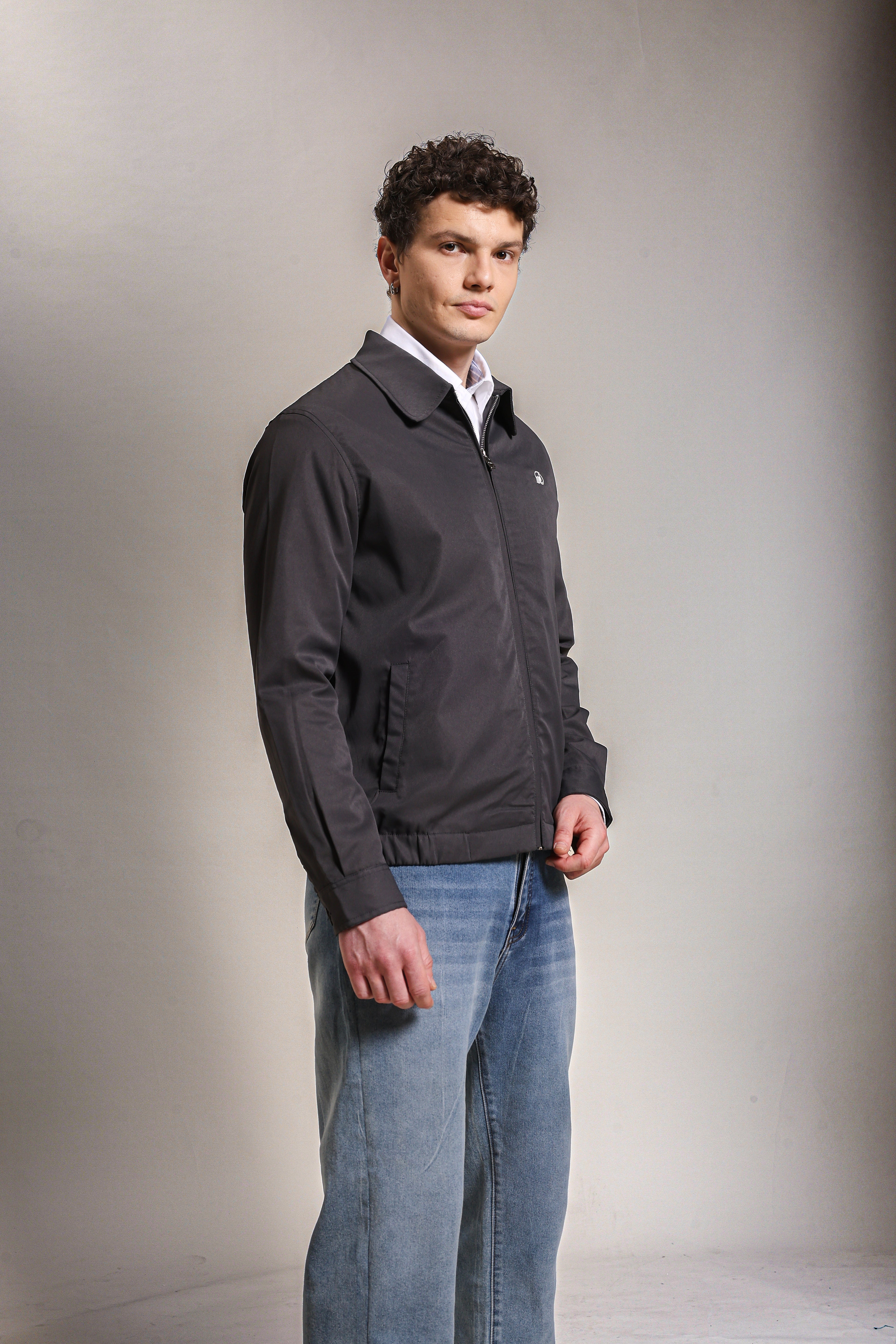 Men's Embroidered Night Grey Cotton Twill Jacket with Spread Collar