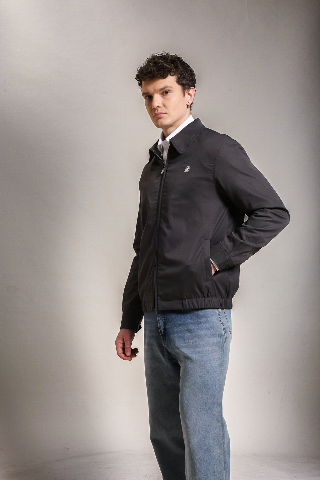 Men's Embroidered Night Grey Cotton Twill Jacket with Spread Collar