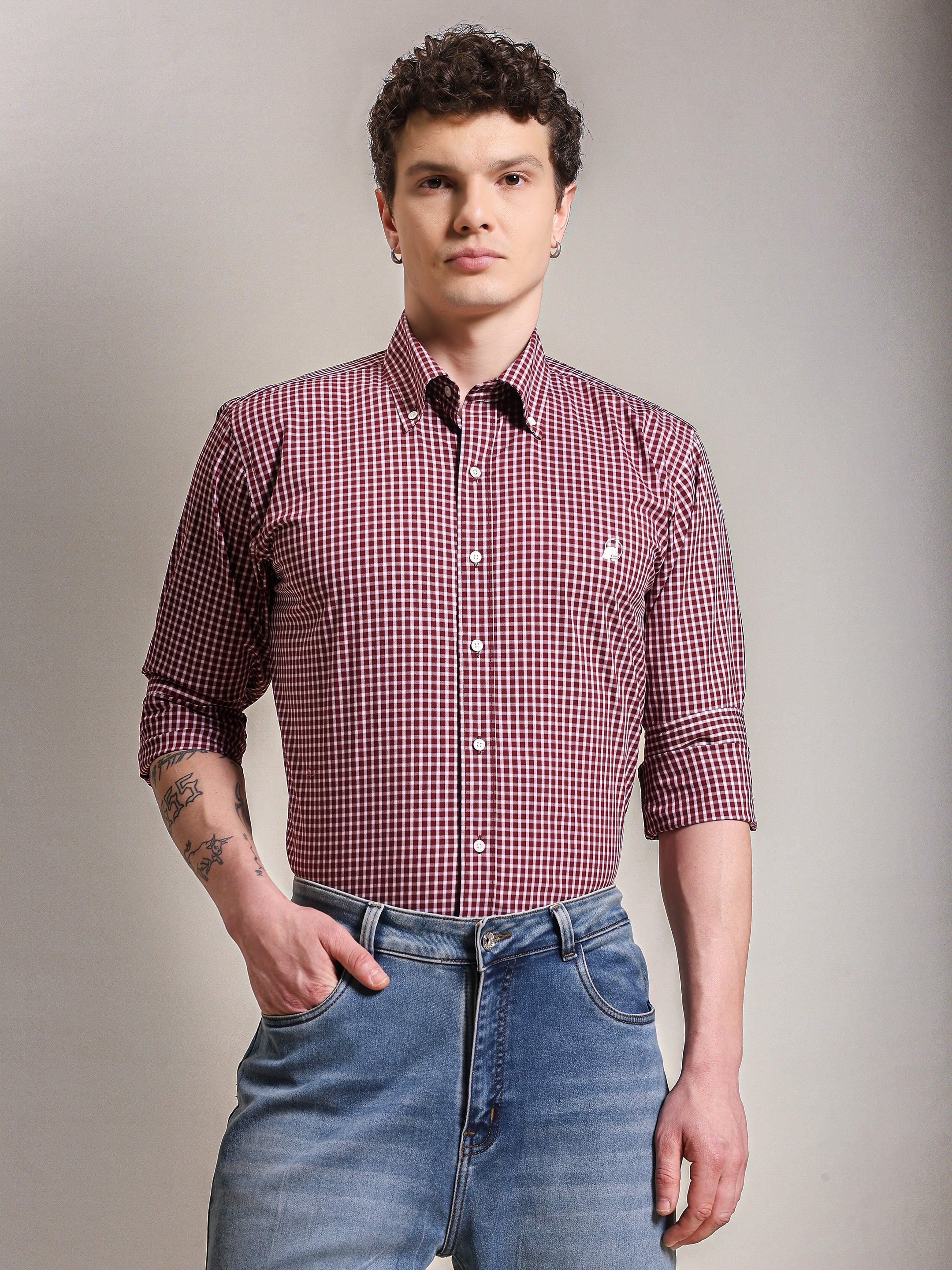 The Rawal: Slim Fit Non-Iron Maroon Gingham Shirt