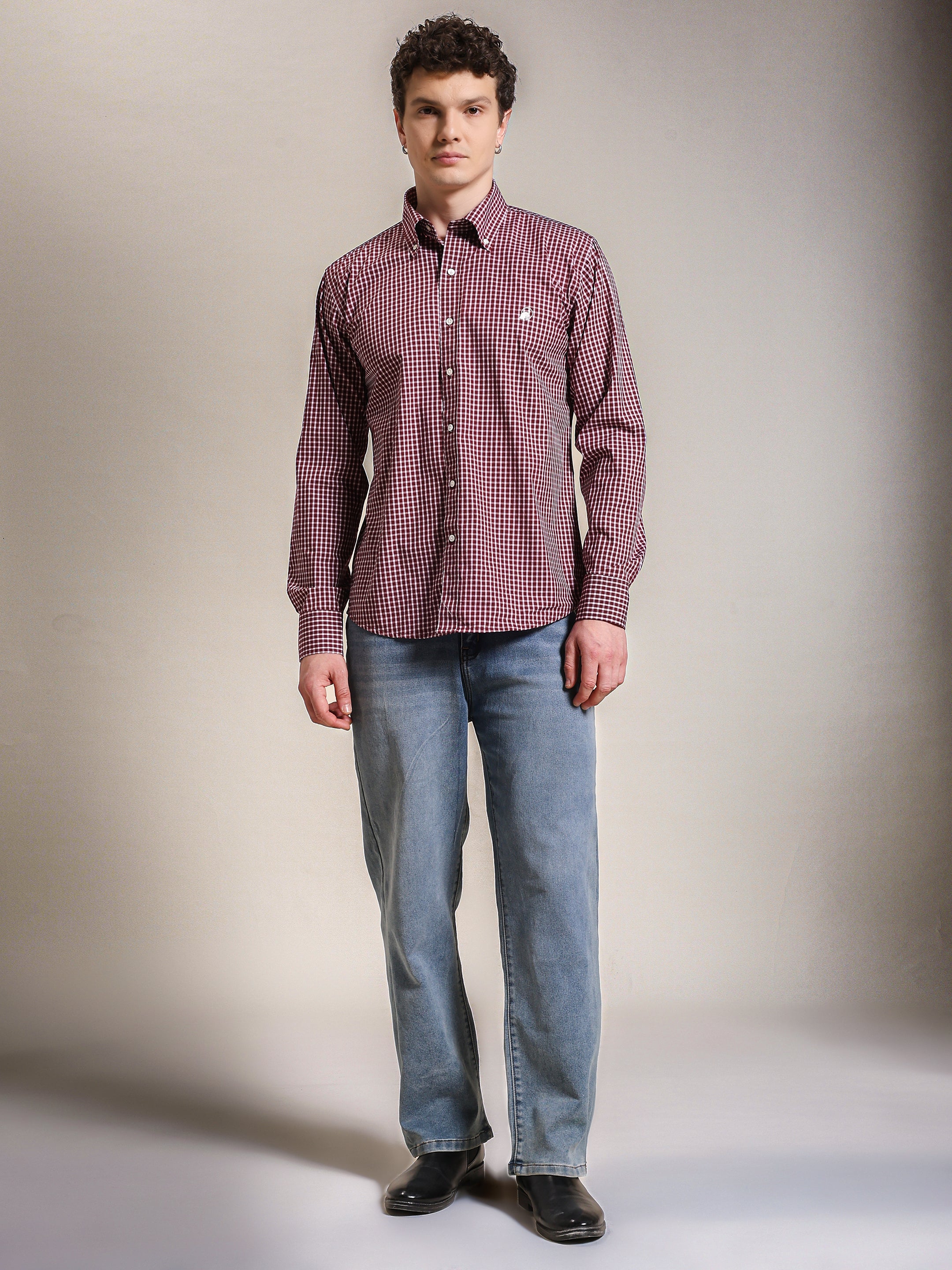 The Rawal: Slim Fit Non-Iron Maroon Gingham Shirt