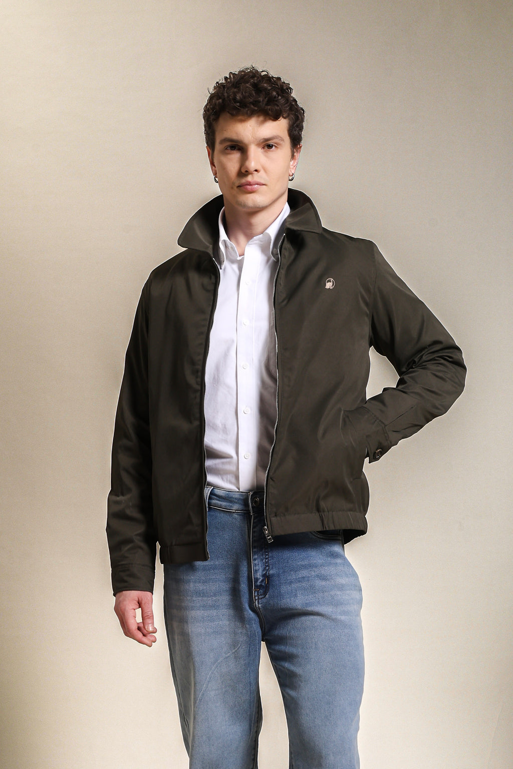 Men's Embroidered Forest Green Cotton Twill Jacket with Spread Collar