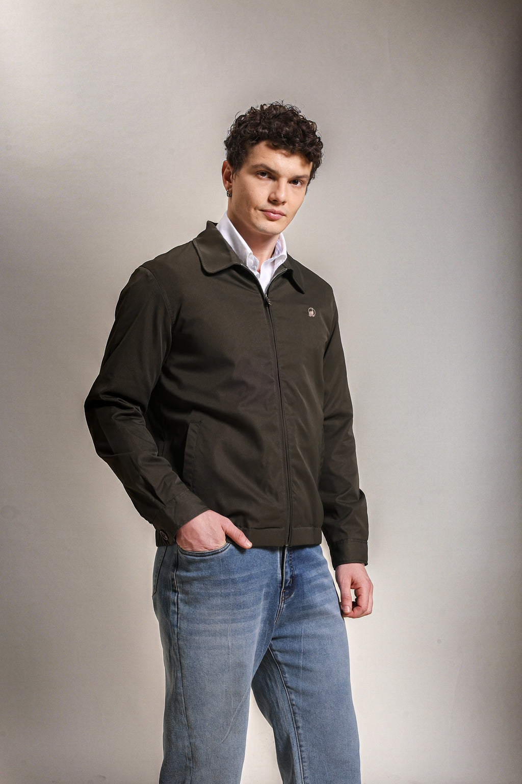 Men's Embroidered Forest Green Cotton Twill Jacket with Spread Collar