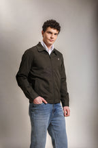 Men's Embroidered Forest Green Cotton Twill Jacket with Spread Collar