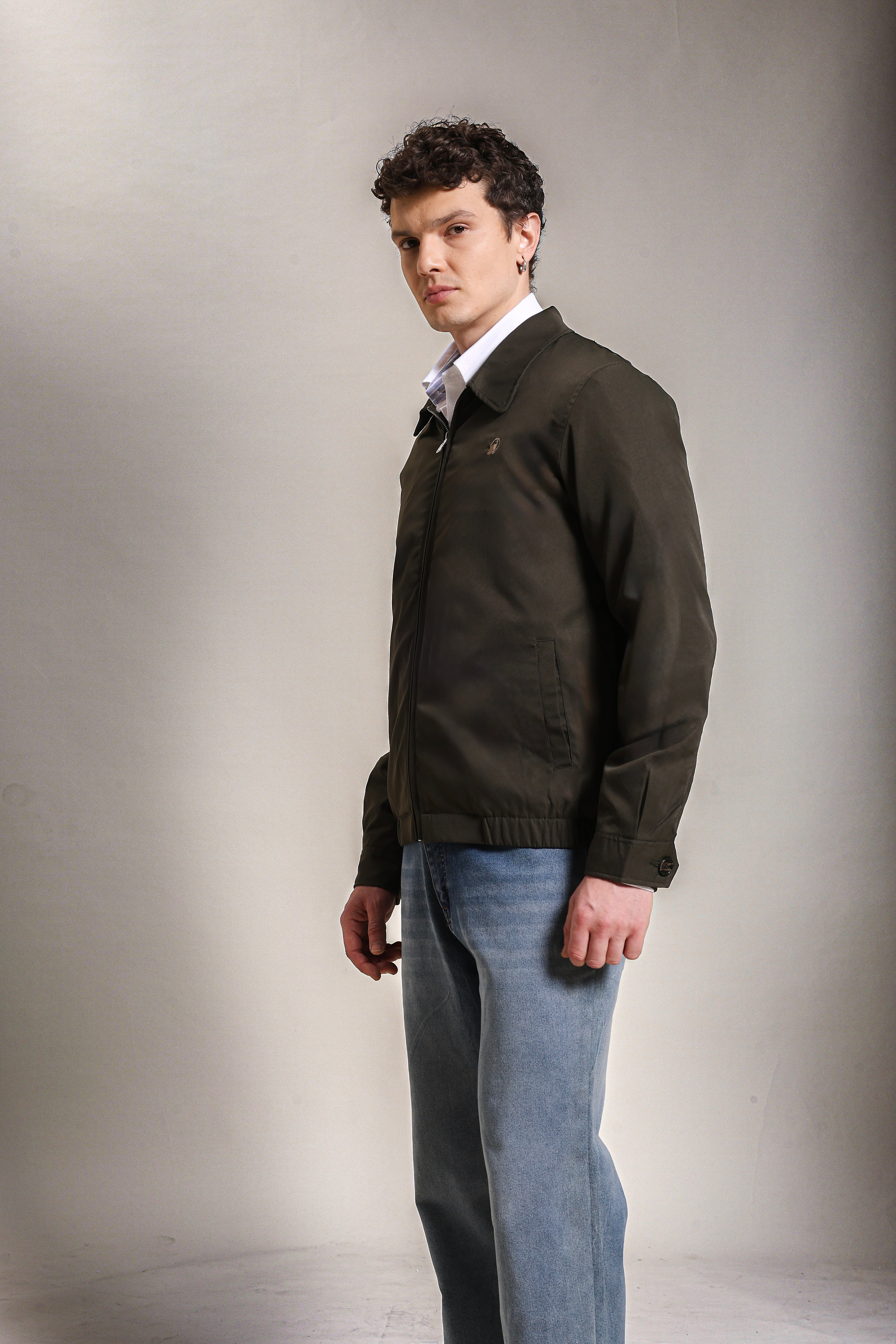 Men's Embroidered Forest Green Cotton Twill Jacket with Spread Collar