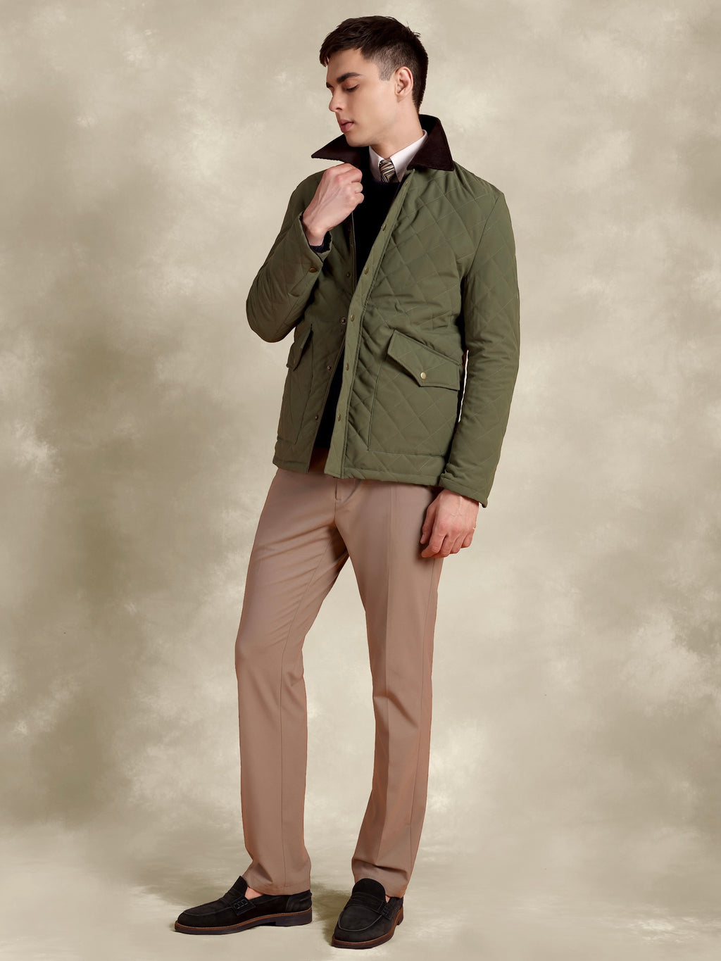 Tagore Jacket- Men's Olive Green Slim Fit Quilted Jacket with Courduroy Collar