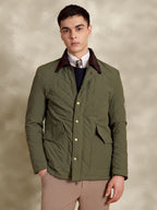 Tagore Jacket- Men's Olive Green Slim Fit Quilted Jacket with Courduroy Collar