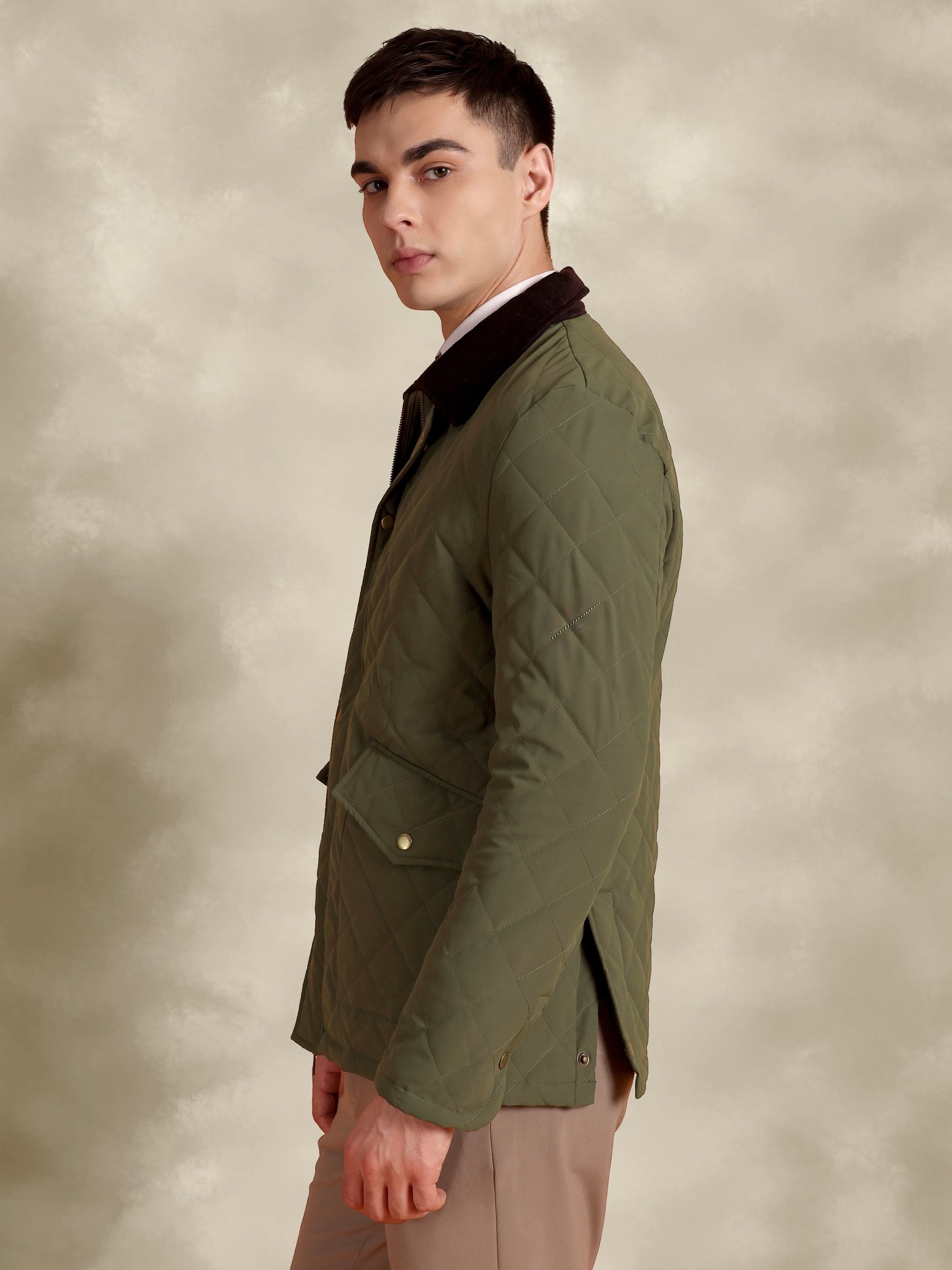 Tagore Jacket- Men's Olive Green Slim Fit Quilted Jacket with Courduroy Collar