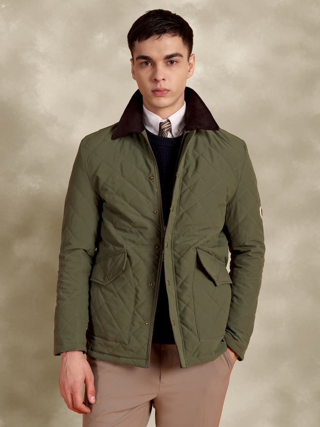 Tagore Jacket- Men's Olive Green Slim Fit Quilted Jacket with Courduroy Collar