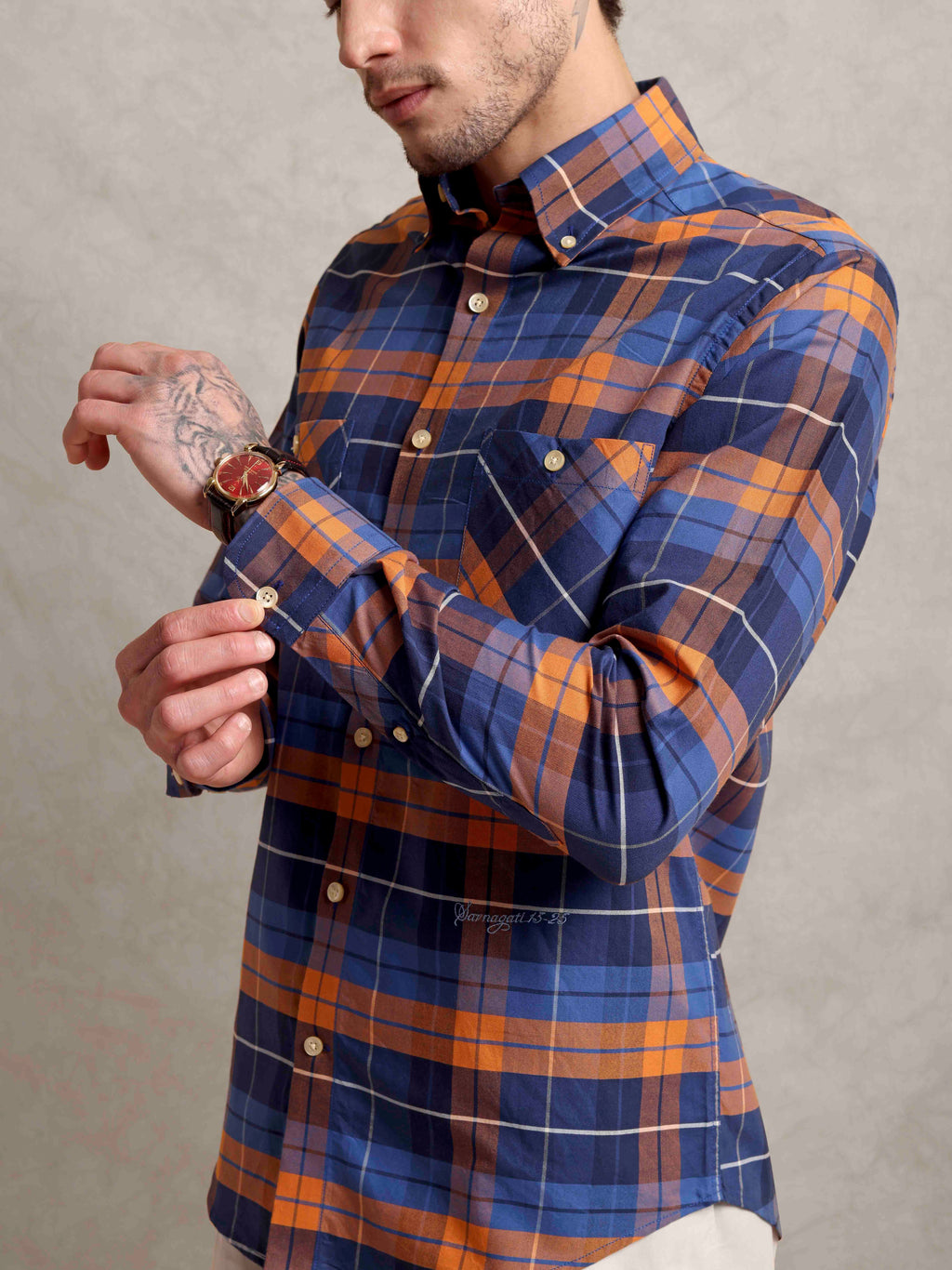 The Karikala: Slim Fit Checkered Orange Poplin Shirt