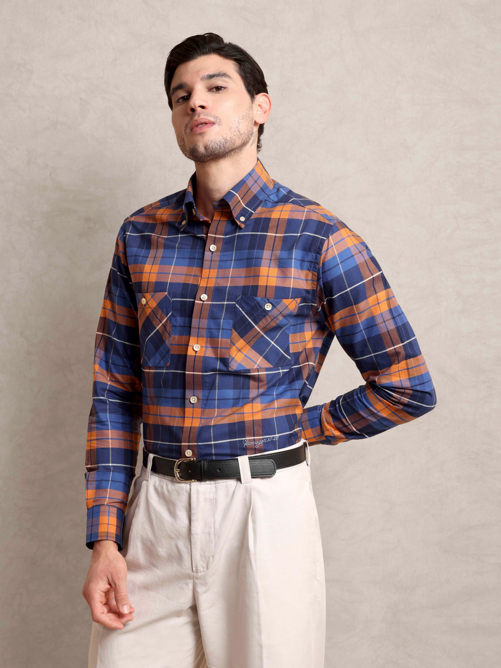 The Karikala: Slim Fit Checkered Orange Poplin Shirt