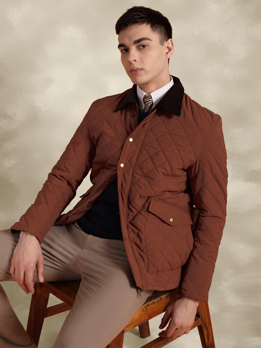Tagore Jacket- Men's Safari Rust Slim Fit Quilted Jacket with Courduroy Collar