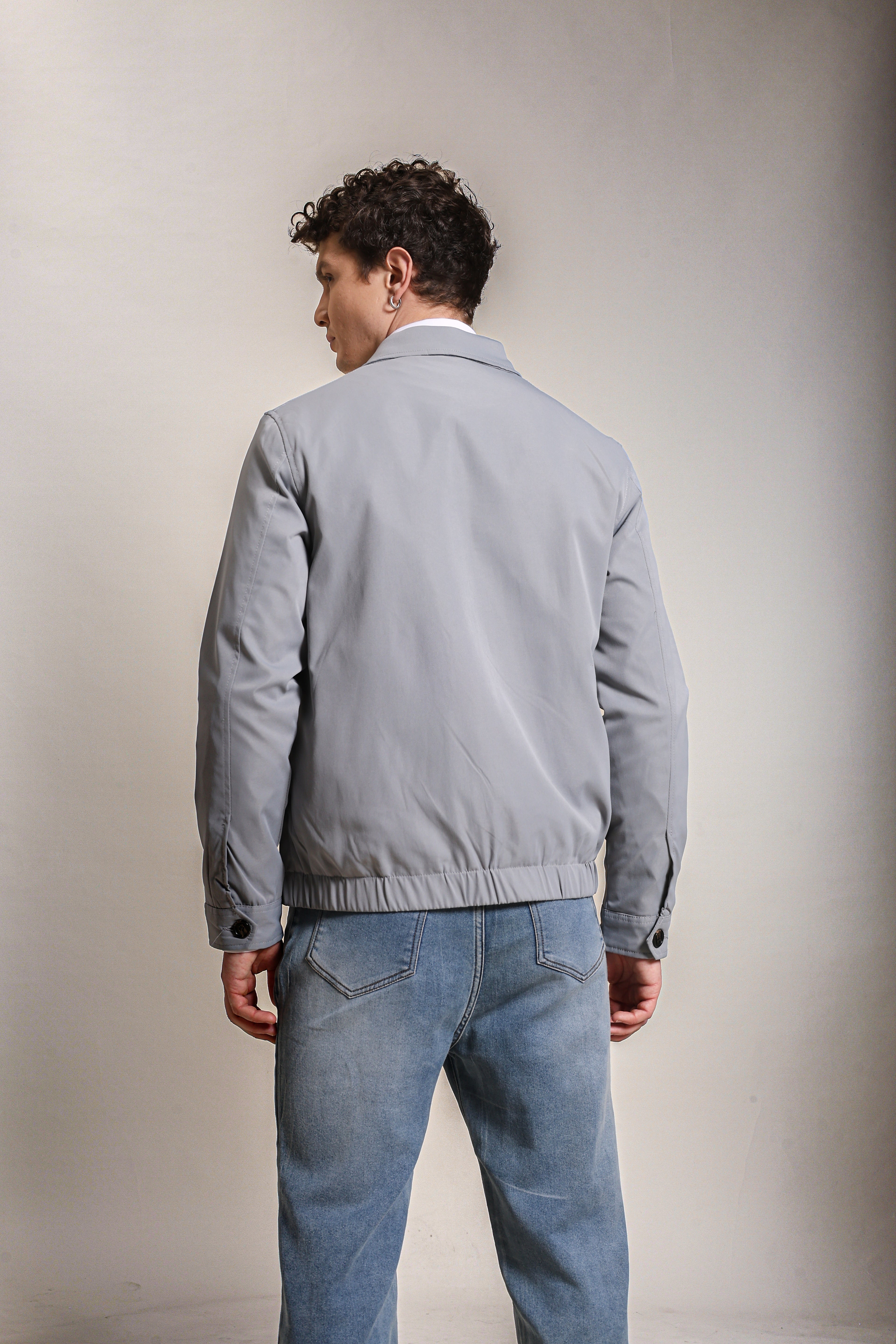 Men's Embroidered Silver Cotton Twill Jacket with Spread Collar