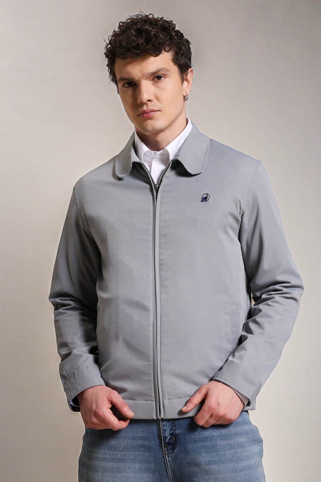 Men's Embroidered Silver Cotton Twill Jacket with Spread Collar