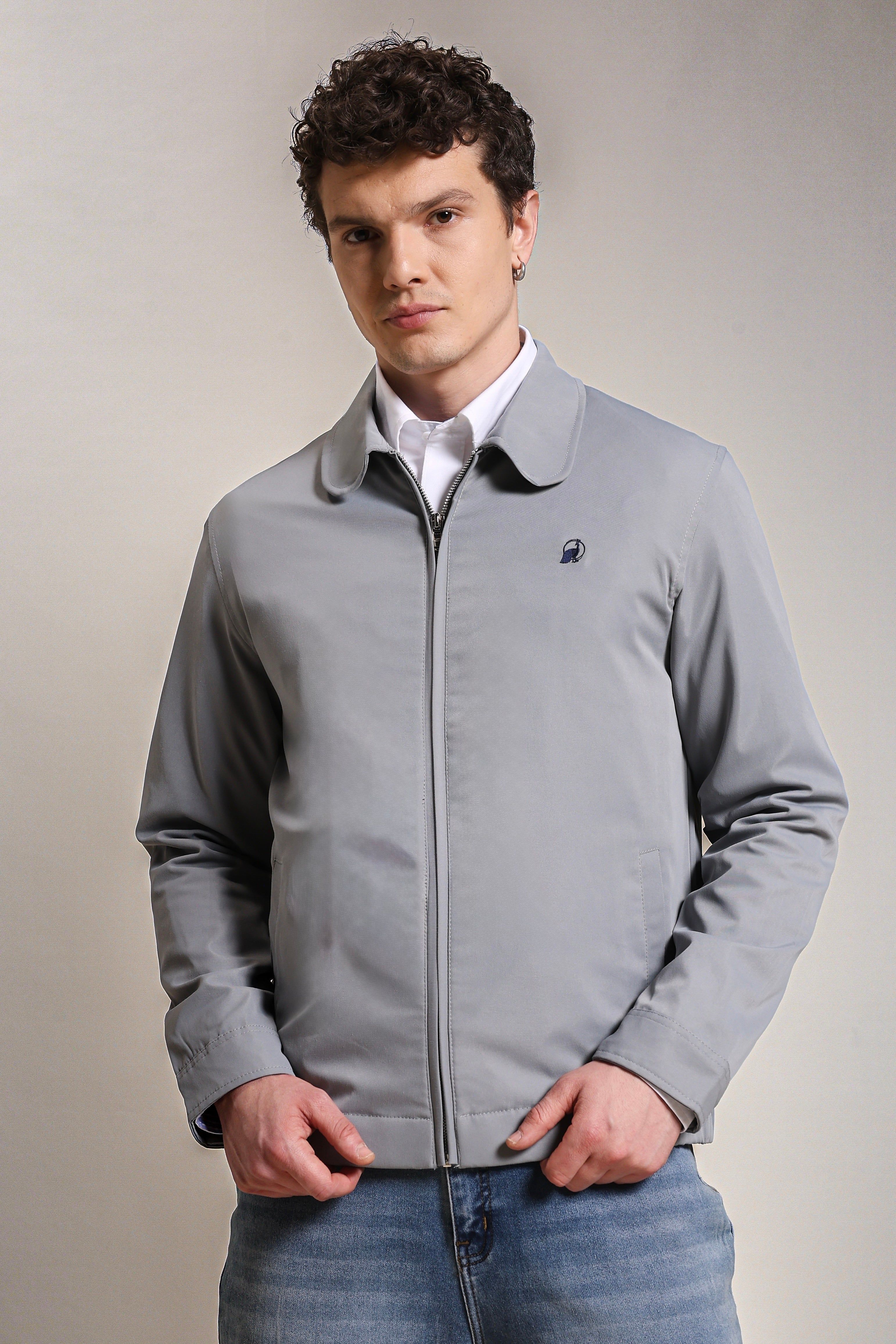 Men's Embroidered Silver Cotton Twill Jacket with Spread Collar