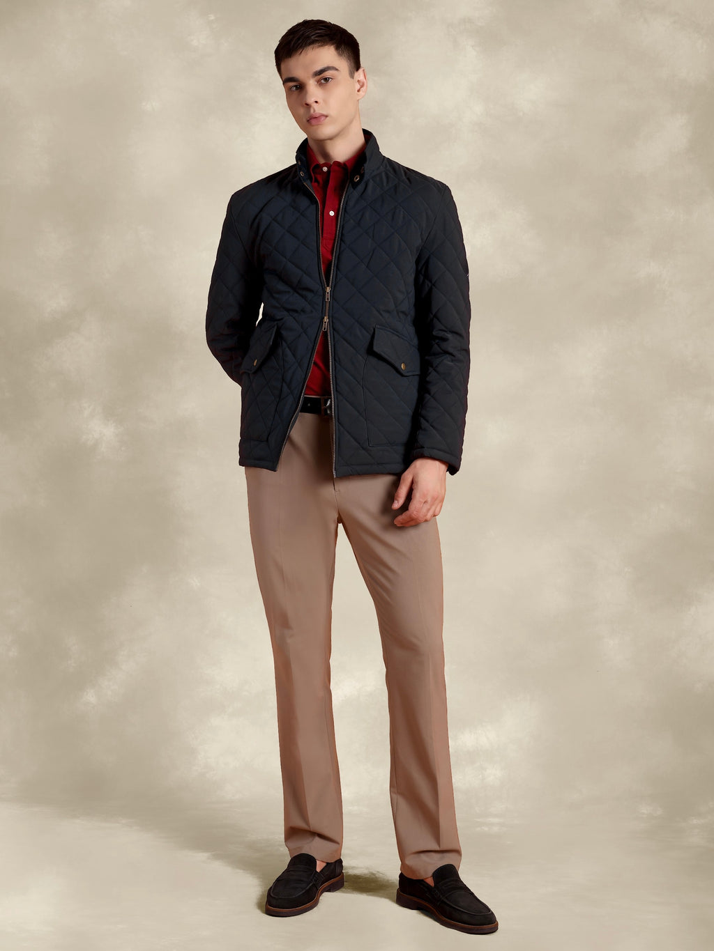 Tagore Jacket- Men's Blue Slim Fit Quilted Jacket with Courduroy Collar