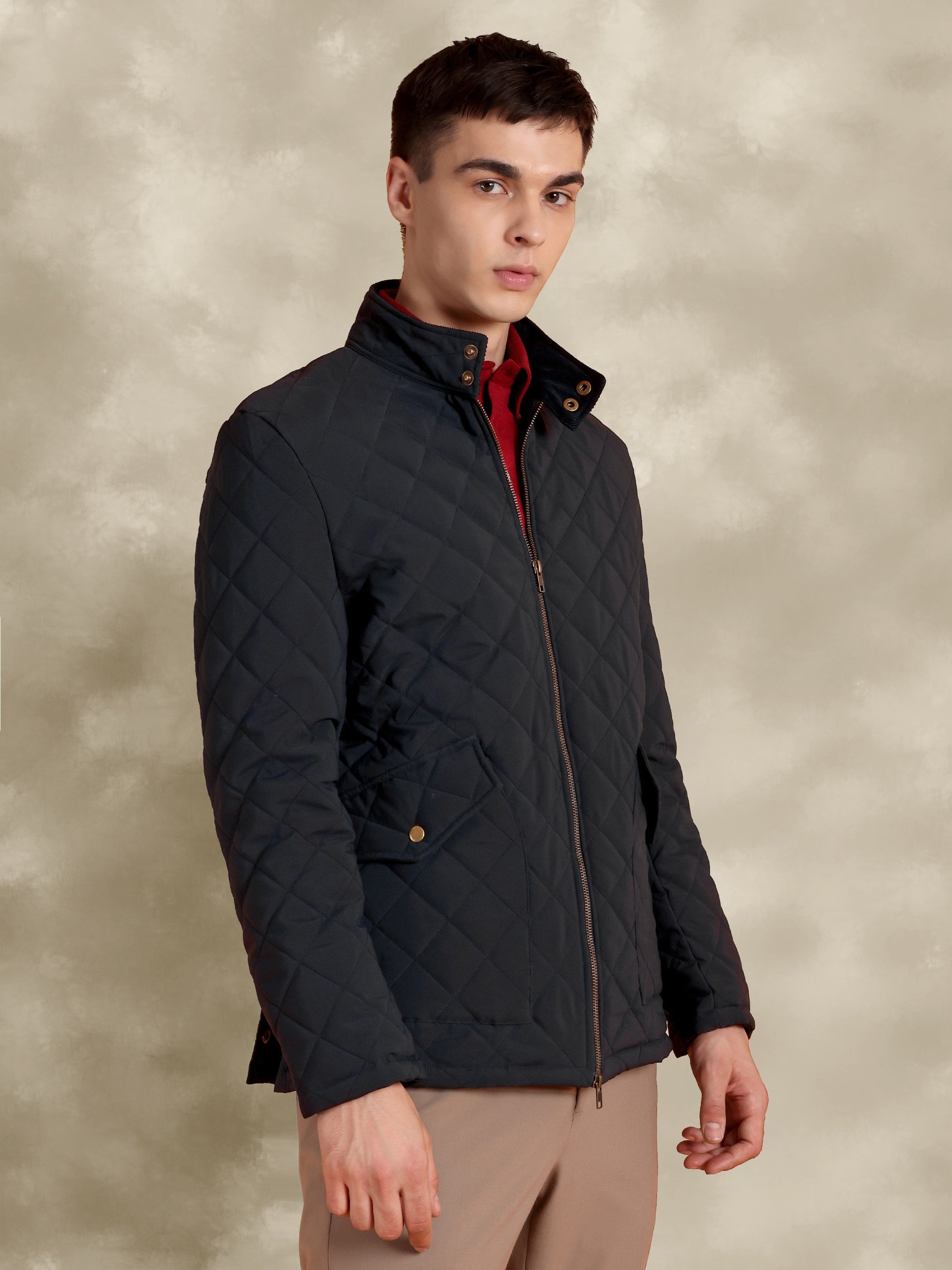 Tagore Jacket- Men's Blue Slim Fit Quilted Jacket with Courduroy Collar