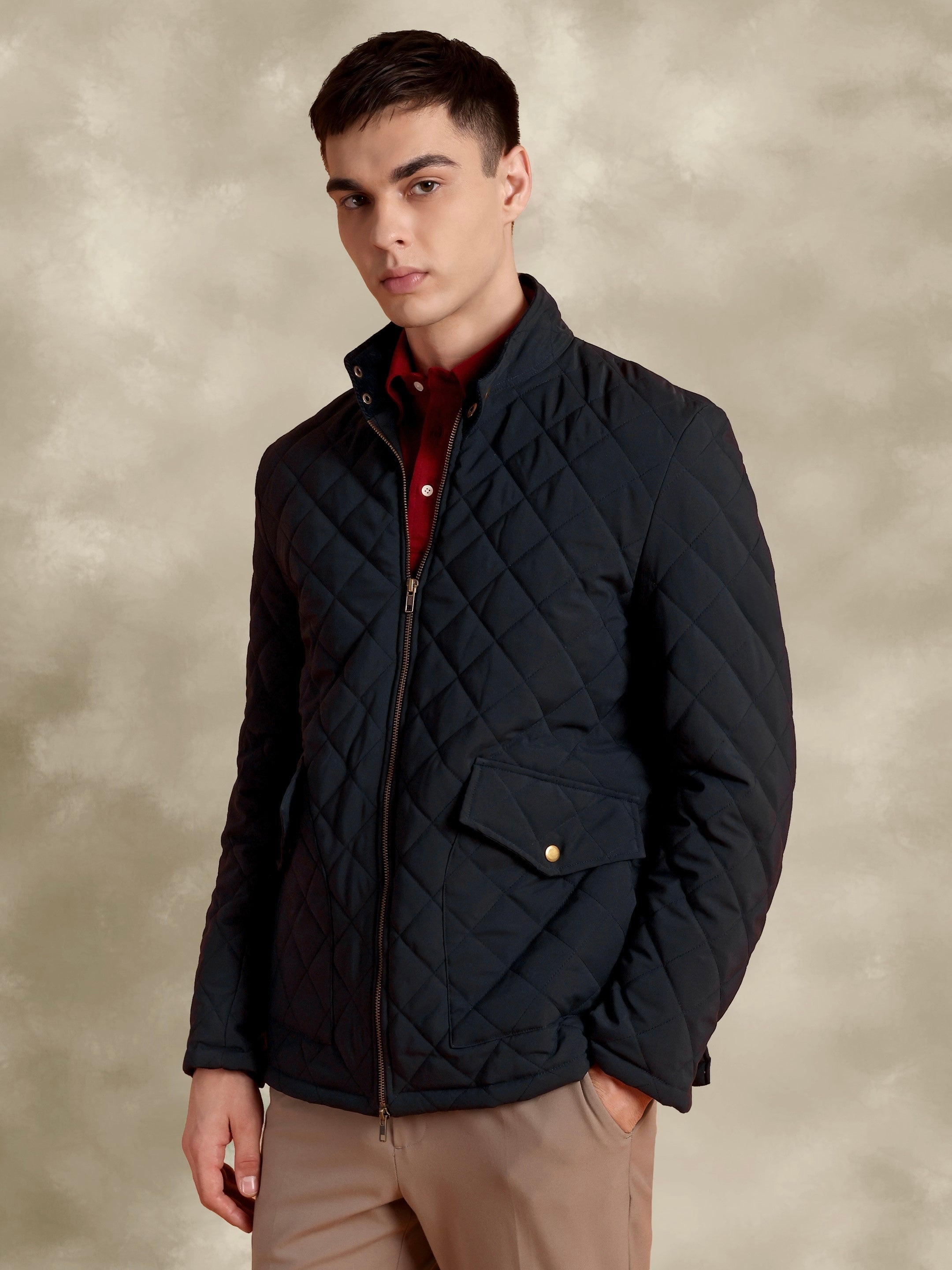 Tagore Jacket- Men's Blue Slim Fit Quilted Jacket with Courduroy Collar
