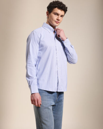 Slim Fit Blue Check Shirt With Embroidery