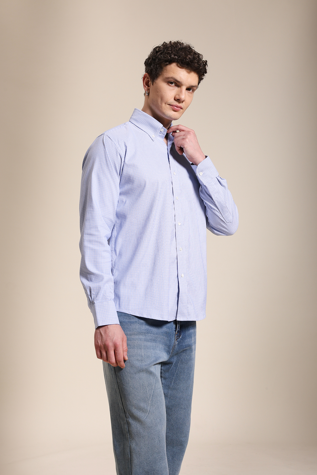 Regular Fitted Blue Check Shirt With Embroidery