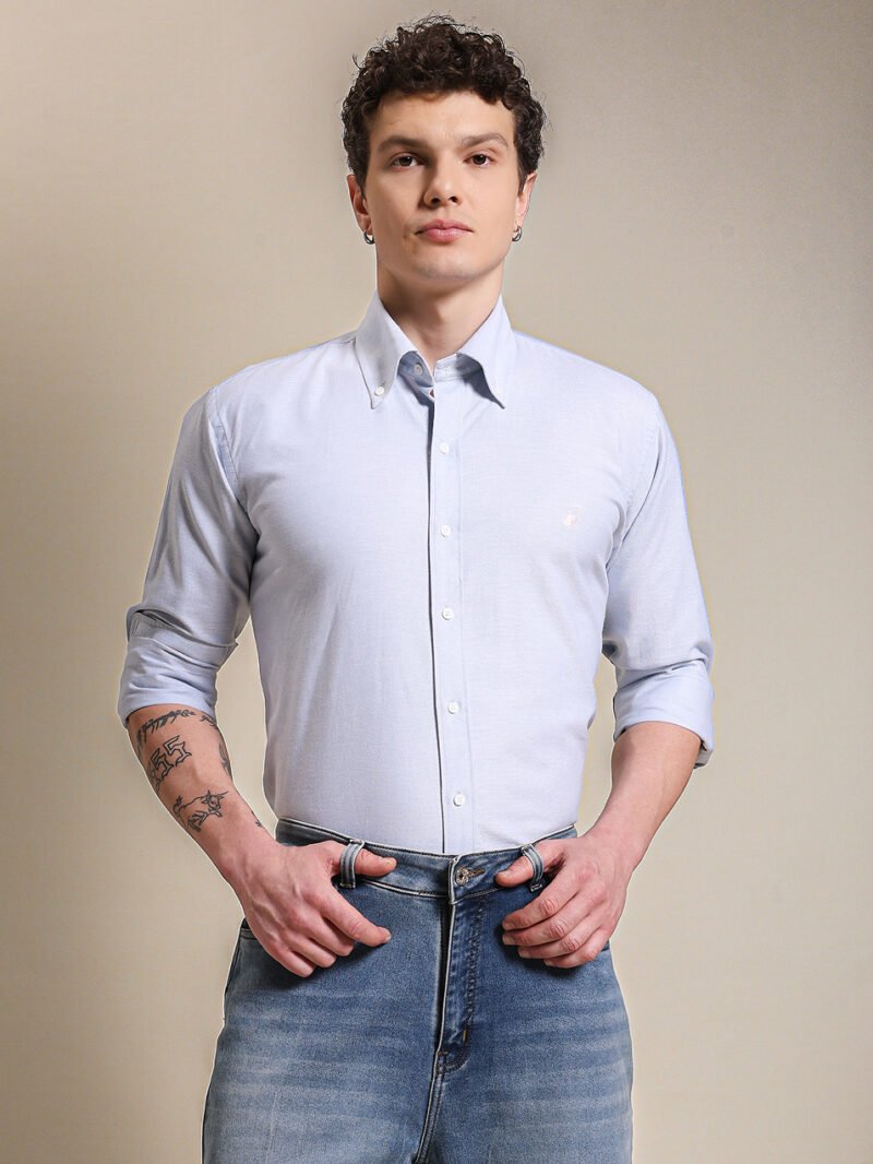 Blue Oxford Summer Shirt With Embroidery