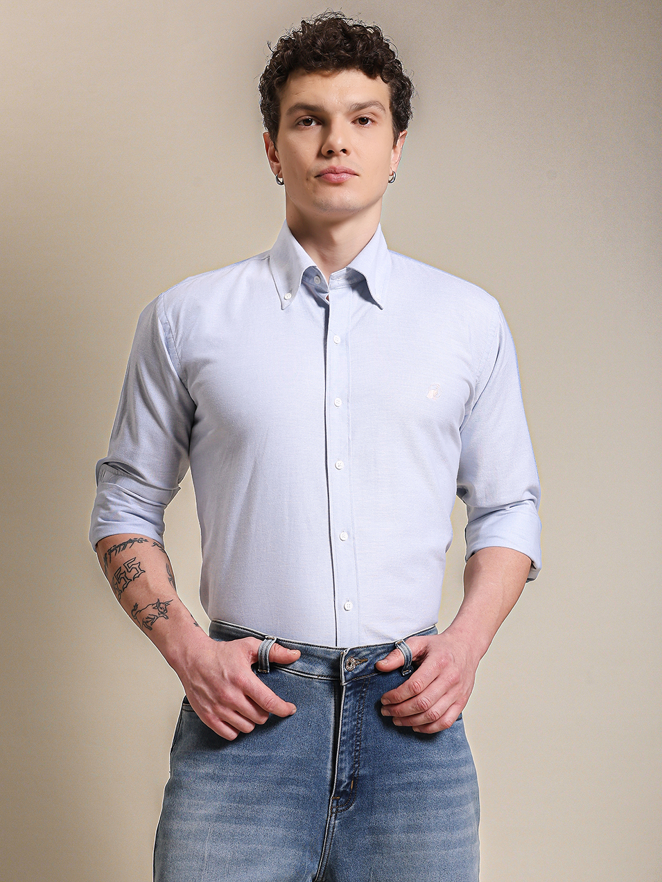 Blue Oxford Summer Shirt With Embroidery