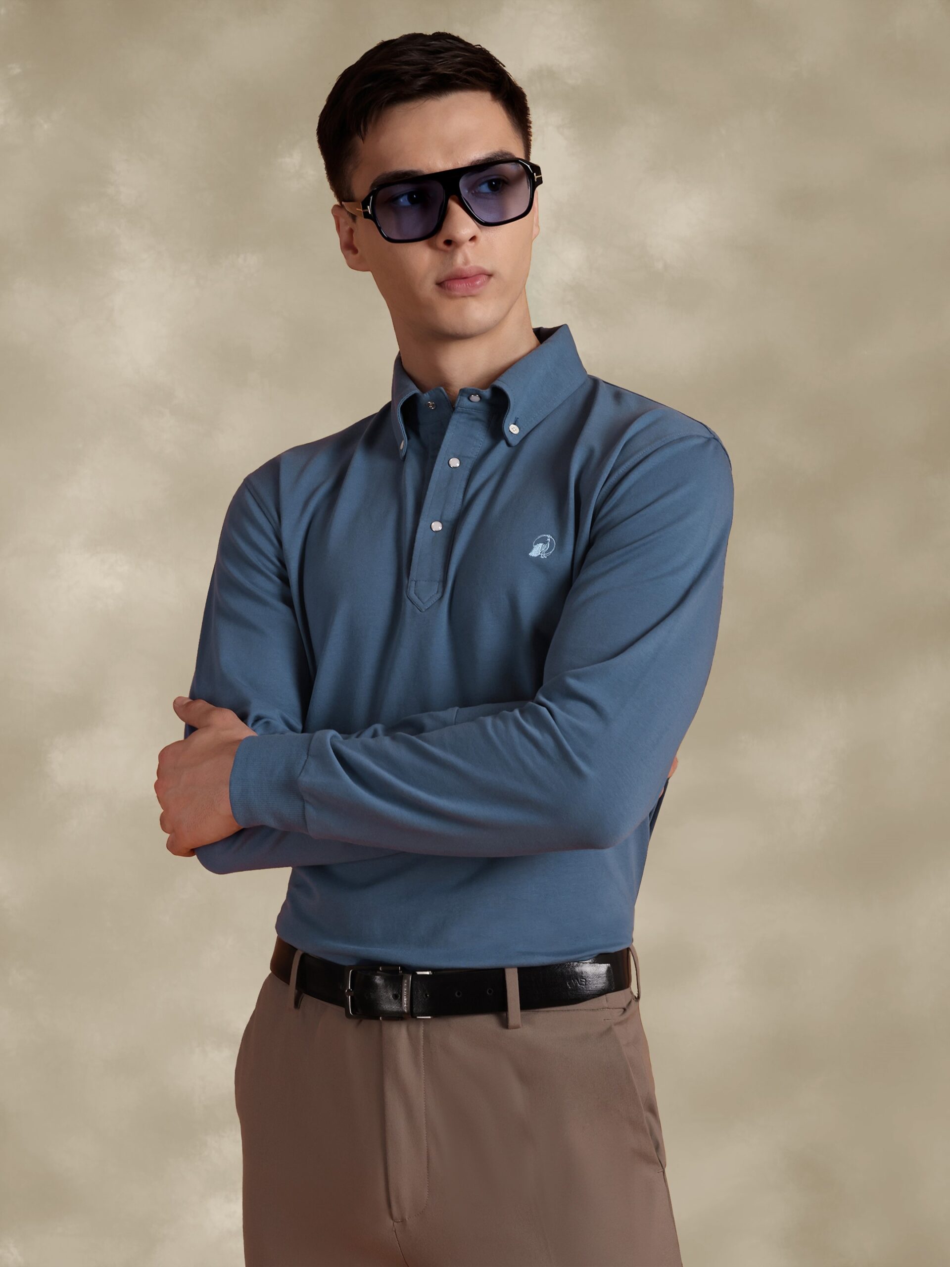 Full Sleeve Blue Polo With Embroidery