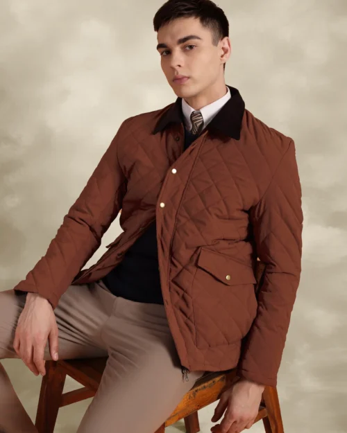 Tagore Jacket- Safari Rust Slim Fit Quilted Jacket With Corduroy Collars