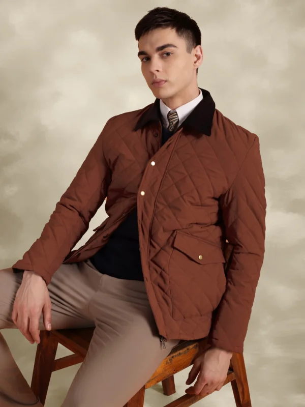 Tagore Jacket- Safari Rust Slim Fit Quilted Jacket With Corduroy Collars