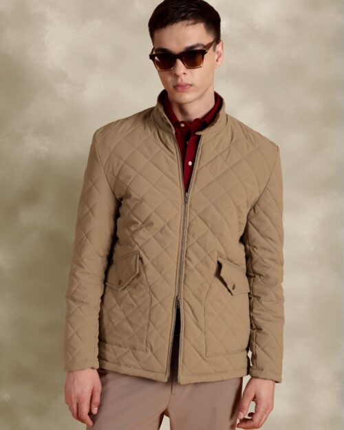 Tagore Jacket- Beige Slim Fit Quilted Jacket With Suede Collars