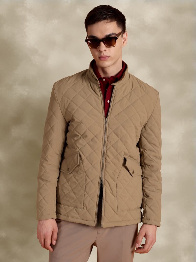Tagore Jacket- Beige Slim Fit Quilted Jacket With Suede Collars