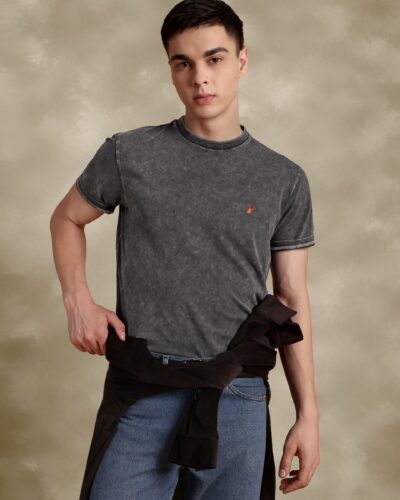 Faded Black Regular Fit Cotton Tshirt With Embroidery