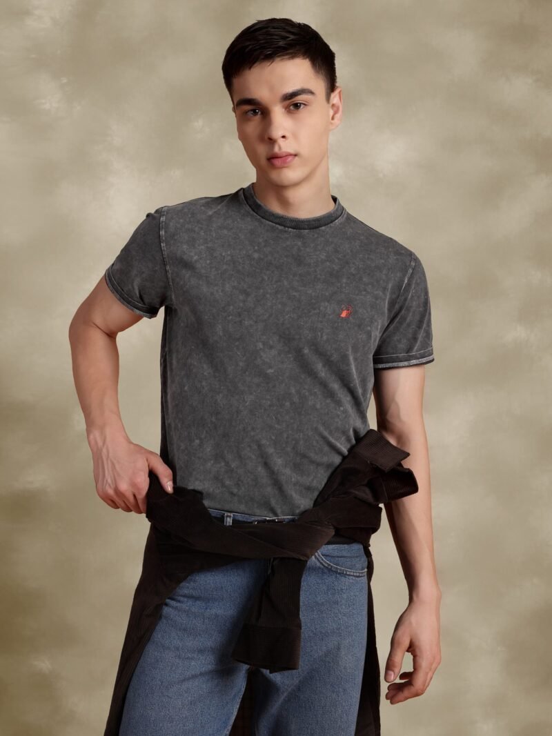 Faded Black Regular Fit Cotton Tshirt With Embroidery
