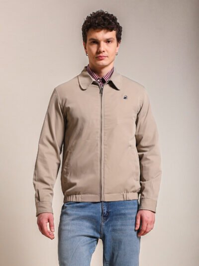 Cotton Twill Spread Collar Biege Jacket With Embroidery