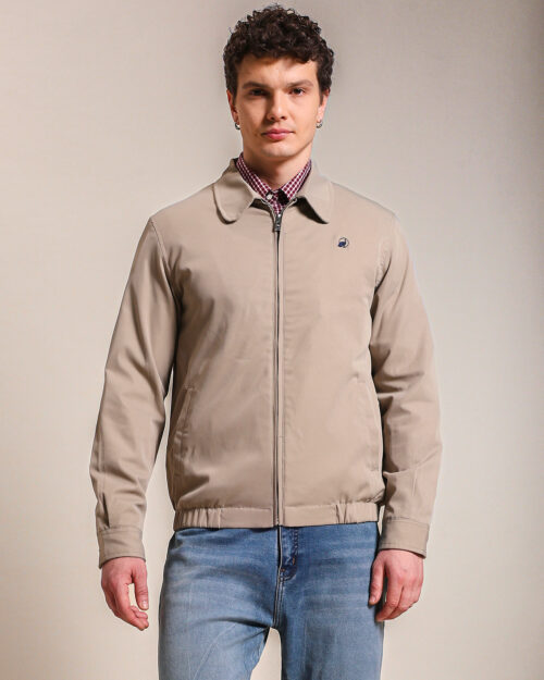 Cotton Twill Spread Collar Biege Jacket With Embroidery