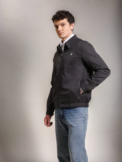 Cotton Twill Spread Collar Night Grey Jacket With Embroidery