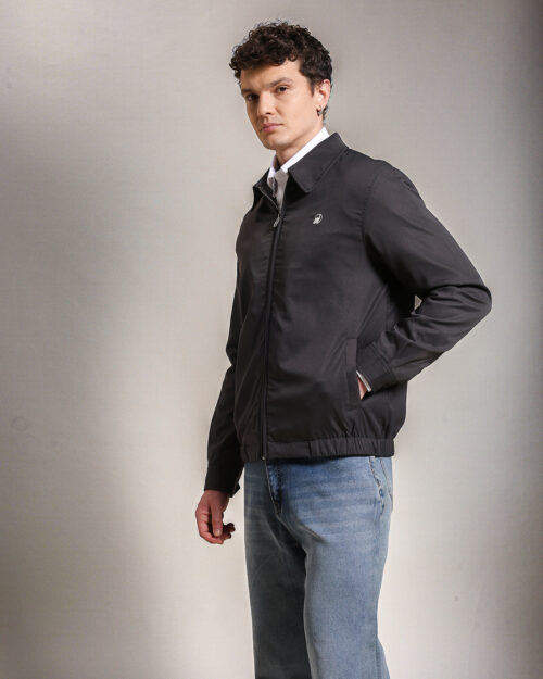 Cotton Twill Spread Collar Night Grey Jacket With Embroidery