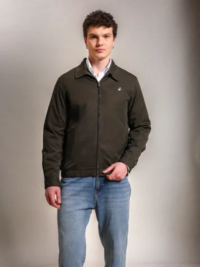 Cotton Twill Spread Collar Forest Green Jacket With Embroidery