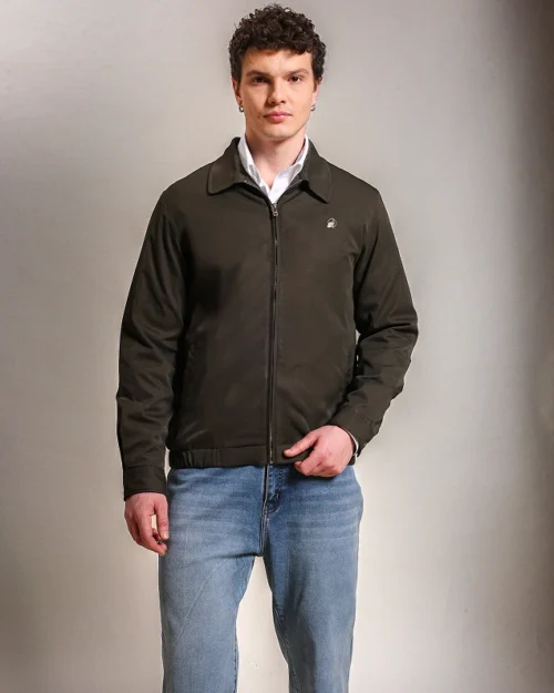 Cotton Twill Spread Collar Forest Green Jacket With Embroidery