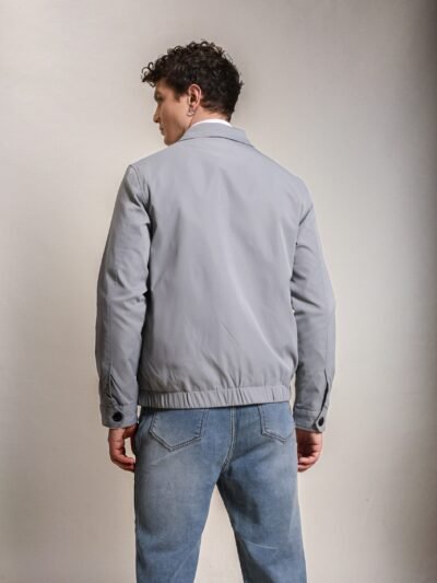 Cotton Twill Spread Collar Silver Jacket With Embroidery