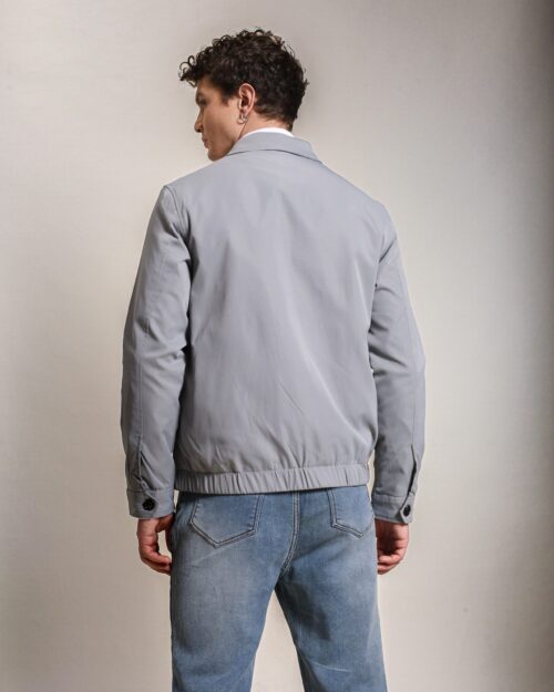 Cotton Twill Spread Collar Silver Jacket With Embroidery
