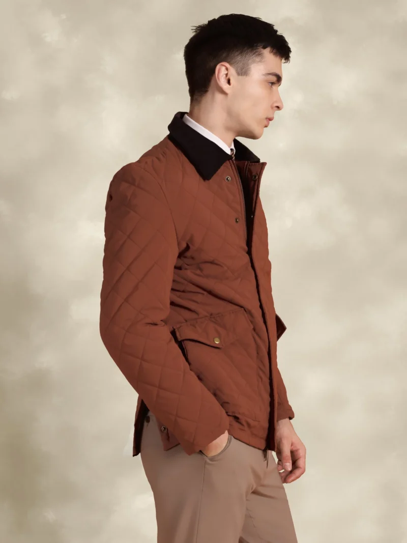 Tagore Jacket- Safari Rust Slim Fit Quilted Jacket With Corduroy Collars