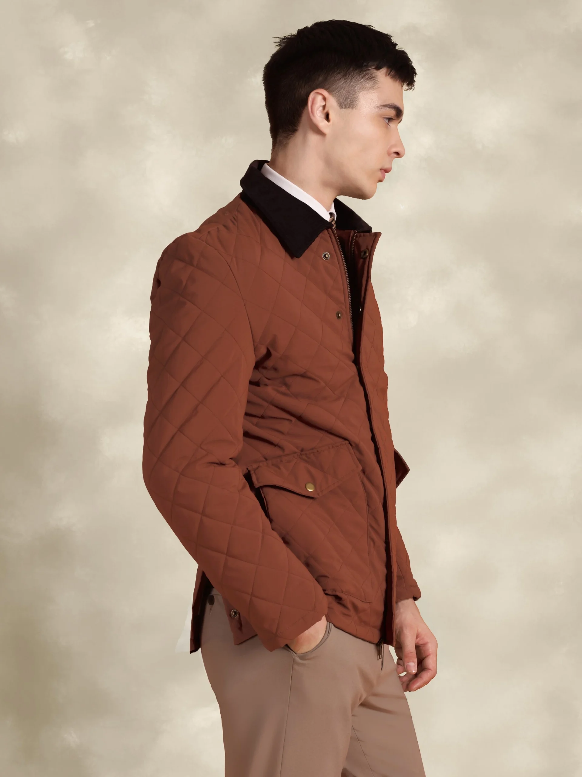 Tagore Jacket- Safari Rust Slim Fit Quilted Jacket With Corduroy Collars