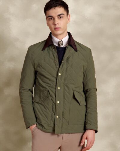 Tagore Jacket- Olive Green Slim Fit Quilted Jacket With Corduroy Collars