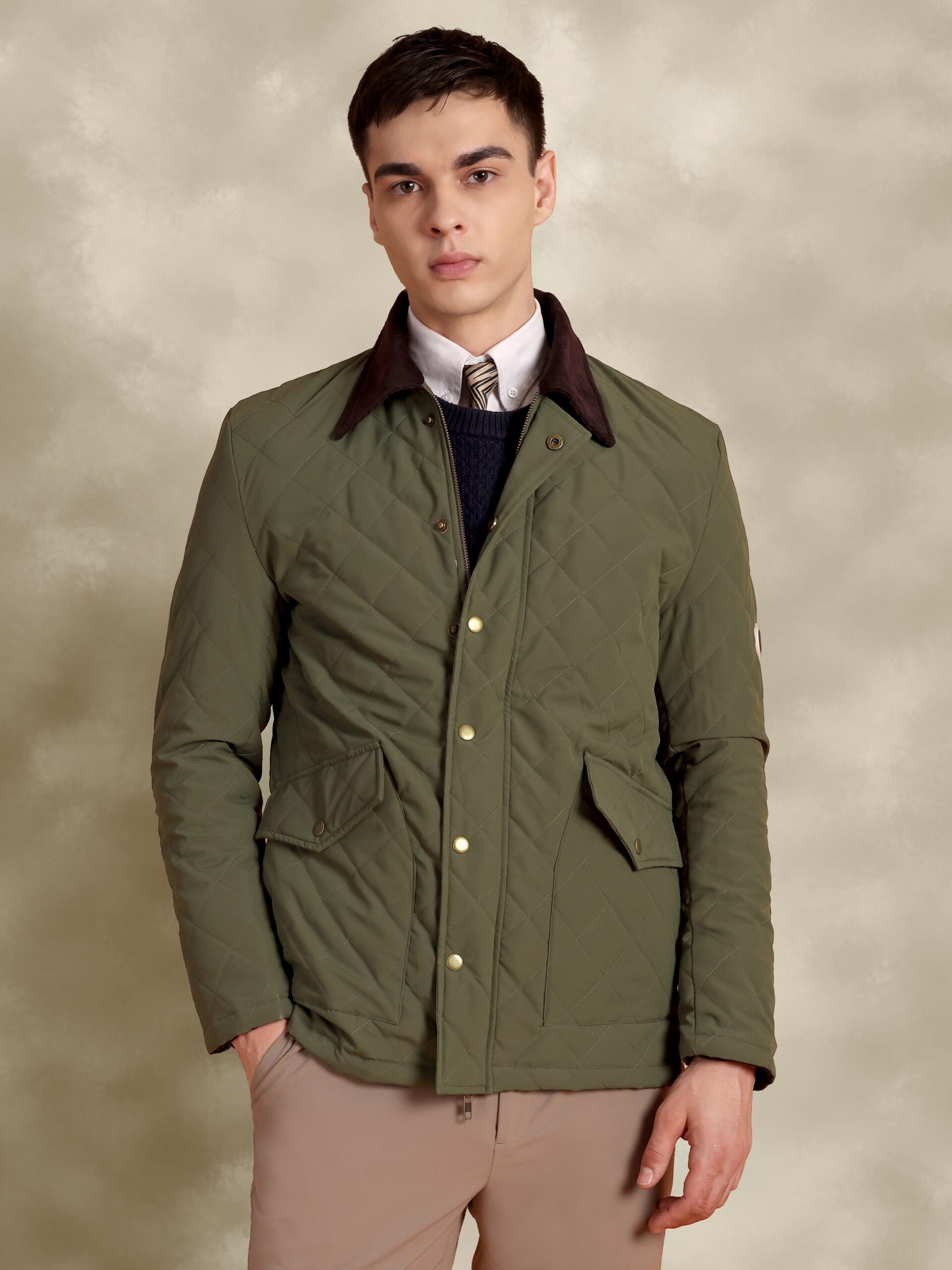 Tagore Jacket- Olive Green Slim Fit Quilted Jacket With Corduroy Collars