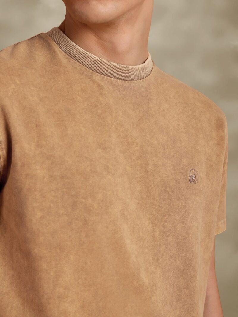 Faded Beige Regular Fit Cotton Tshirt With Embroidery