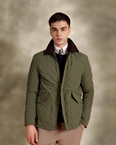 Tagore Jacket- Olive Green Slim Fit Quilted Jacket With Corduroy Collars