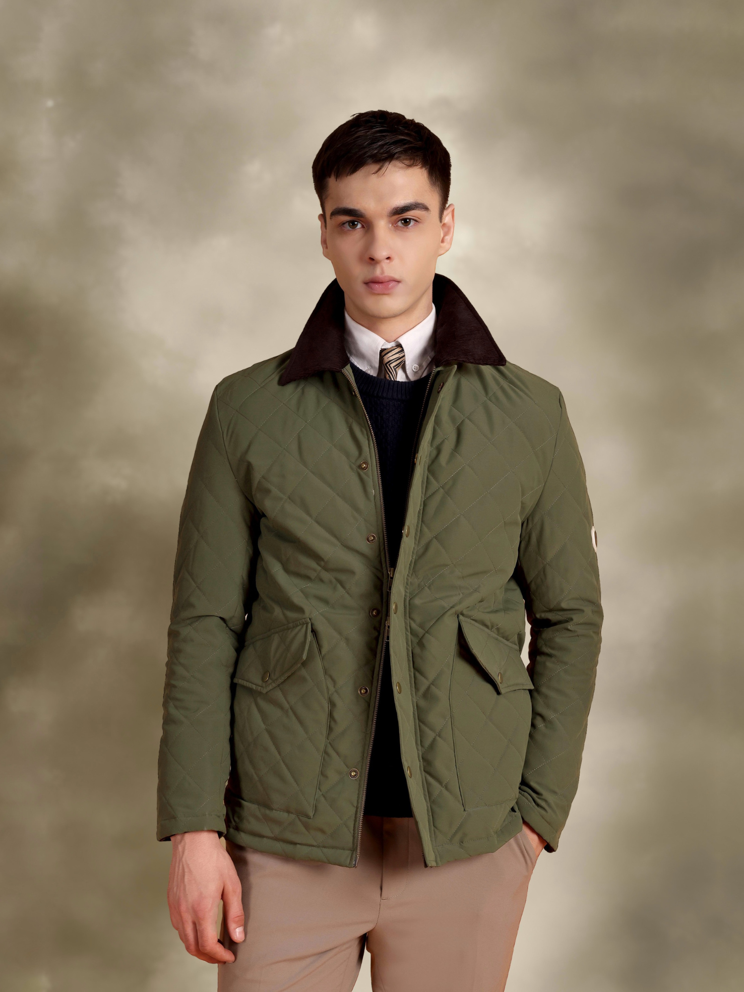 Tagore Jacket- Olive Green Slim Fit Quilted Jacket With Corduroy Collars